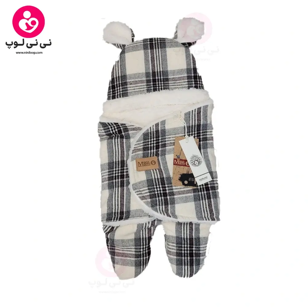 قنداق فرنگی پیچازی از برند momiland مدل باربری سفید مشکی